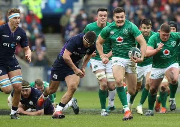 Jacob Stockdale breaks clear to score Ireland's second try during their gritty Guinness Six Nations win over Scotland at BT Murrayfield. Picture: David Rogers/Getty Images