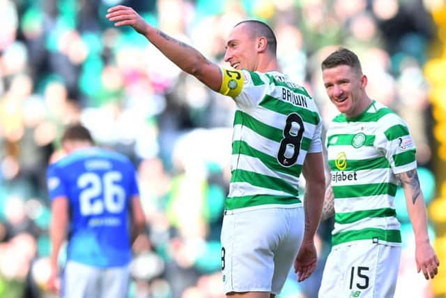 Scott Brown celebrates after scoring to make it 2-0. Picture: SNS/Craig Williamson