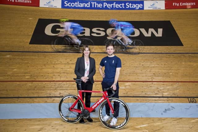 Dame Katherine Grainger and Scots cycling star Callum Skinner on the track at the Sir Chris Hoy Velodrome. Picture: Bill Murray/SNS