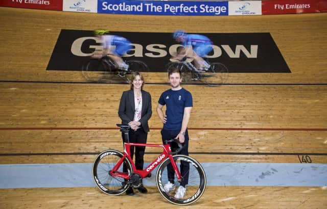 Dame Katherine Grainger and Scots cycling star Callum Skinner on the track at the Sir Chris Hoy Velodrome. Picture: Bill Murray/SNS