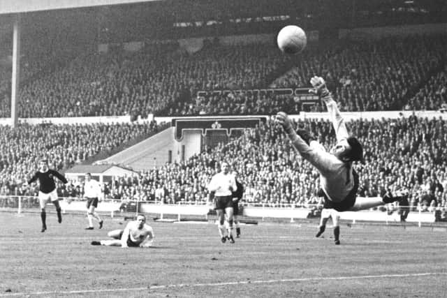 Banks saves a shot from Denis Law during an England v Scotland match at Wembley in April 1967. Scotland won 3-2.  Picture: Douglas Miller/Keystone/Getty Images
