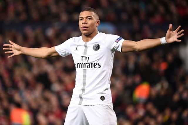 Kylian Mbappe celebrates scoring PSGs second goal in their 2-0 victory at Old Trafford. Picture: AFP/Getty