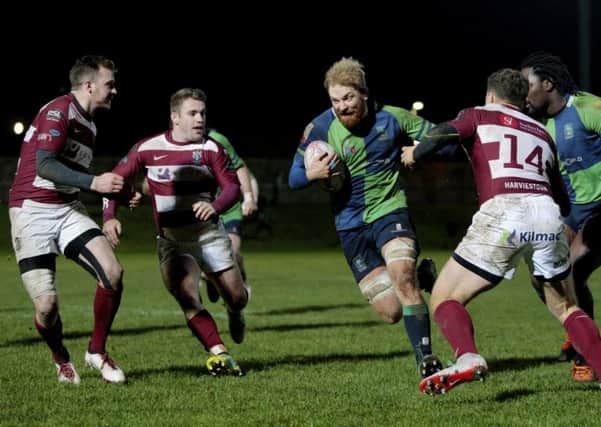 Rory Hutton and Andrew Chalmers of Watsonians challenge Craig Keddie of fellow Super 6 team Boroughmuir at Myreside in December last year. PIcture: SNS Group