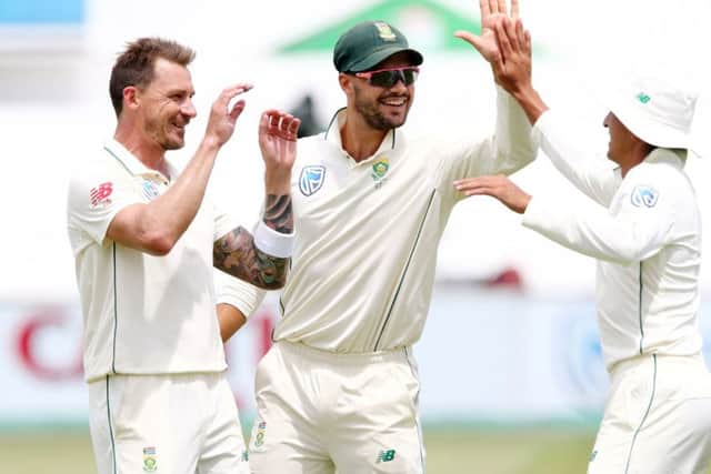 South Africa's Dale Steyn, left, Aiden Markram and Zubayr Hamza. Photo: Getty Images