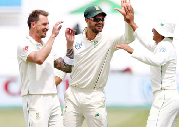 South Africa's Dale Steyn, left, Aiden Markram and Zubayr Hamza. Photo: Getty Images