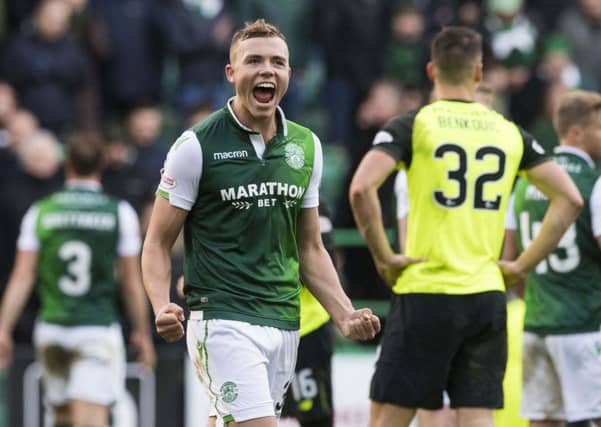 Ryan Porteous celebrates after Hibs defeat Celtic in mid-December. Picture: SNS