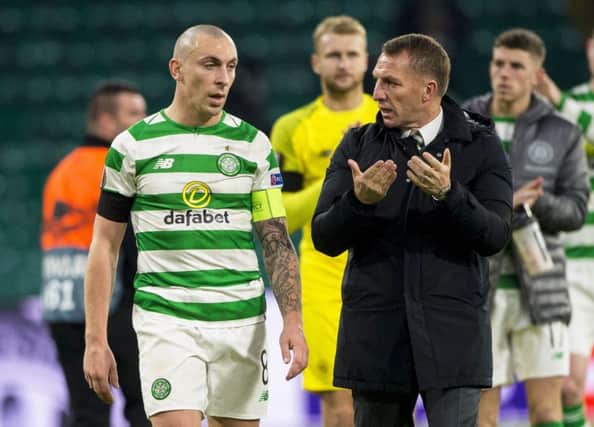 Celtic captain Scott Brown and manager Brendan Rodgers at full-time. Picture: SNS