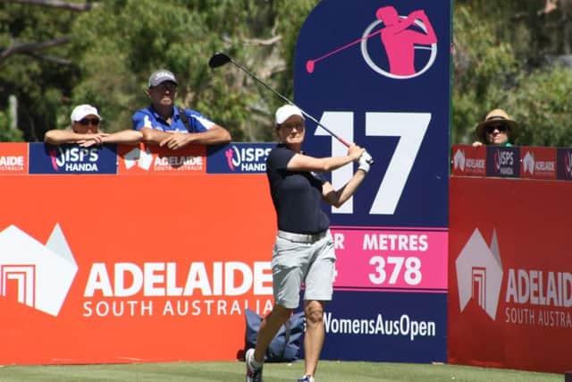 Catriona Matthew hits her tee shot at the 17th in the second round of the ISPS Handa Australian Women's Open at The Grange in Adelaide. Picture: Andrew Spence