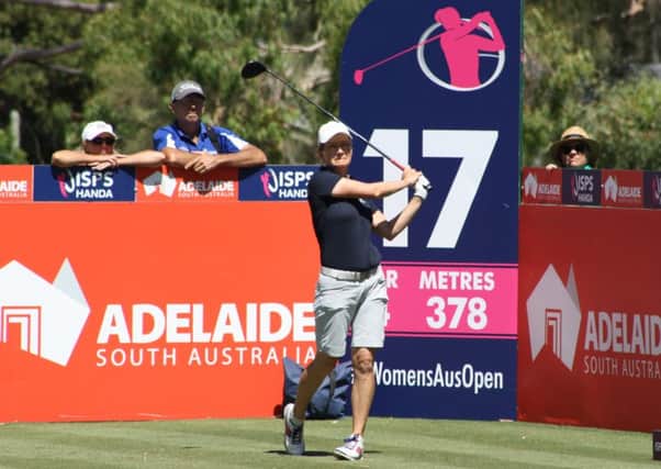 Catriona Matthew hits her tee shot at the 17th in the second round of the ISPS Handa Australian Women's Open at The Grange in Adelaide. Picture: Andrew Spence