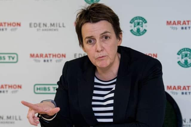 Hibernian chief executive Leeann Dempster speaks to the press at the unveiling of new manager Paul Heckingbottom. Picture: Ross Parker/SNS
