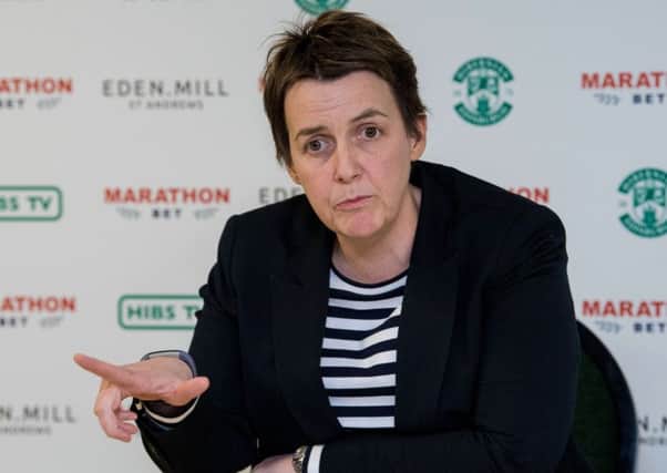 Hibernian chief executive Leeann Dempster speaks to the press at the unveiling of new manager Paul Heckingbottom. Picture: Ross Parker/SNS