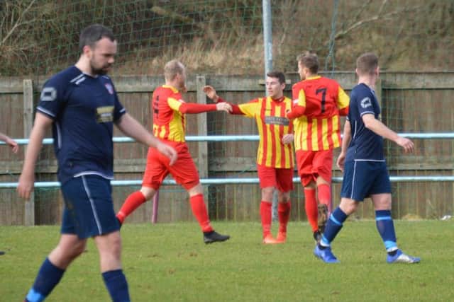 Liam McGonigle celebrates after setting up Rossvale's first goal at Cumbernauld (pic by HT Photography/@dibsy_)