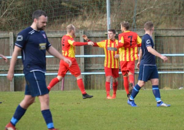 Liam McGonigle celebrates after setting up Rossvale's first goal at Cumbernauld (pic by HT Photography/@dibsy_)
