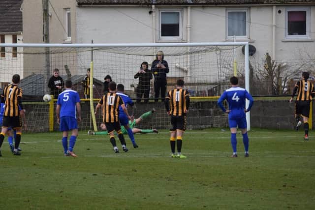 Rob Roy keeper Craig Gordon saves Gordon Pope's penalty at Auchinleck