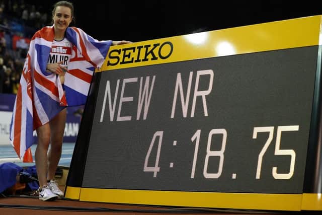 Laura Muir celebrates her new British indoor record after winning the women's mile in Birmingham. Picture: Michael Steele/Getty Images