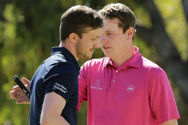 Connor Syme is congratulated by fellow Scot Bob MacIntyre during the ISPS Handa World Super 6 Perth at Lake Karrinyup. Picture: Will Russell/Getty