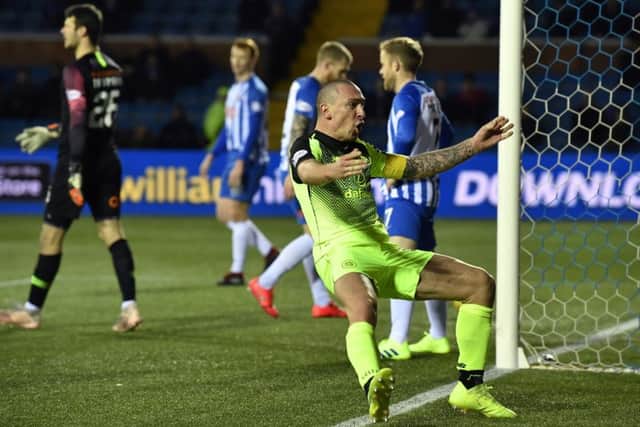 Scott Brown celebrates his late winner. The Celtic captain was sent off for his exuberance. Picture: SNS Group