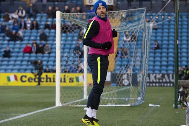 Kris Boyd warms up for Kilmarnock in front of Celtic fans. Picture: SNS/Alan Harvey