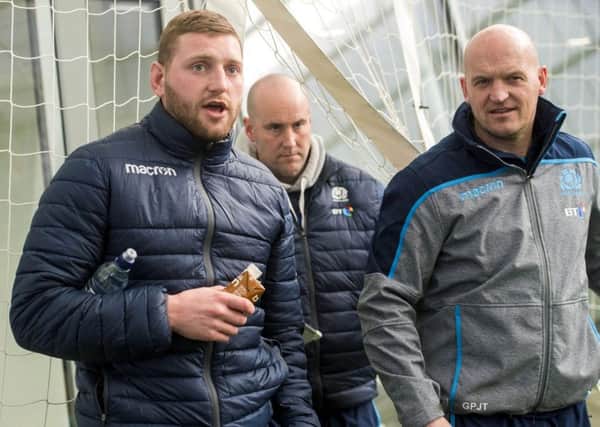 Finn Russell (left) with Scotland head coach Gregor Townsend at the Oriam on Monday. Picture: SNS Group