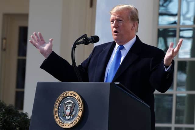 WASHINGTON, DC - FEBRUARY 15: U.S. President Donald Trump speaks on border security during a Rose Garden event at the White House February 15, 2019 in Washington, DC. President Trump is expected to declare a national emergency to free up federal funding to build a wall along the southern border.  (Photo by Alex Wong/Getty Images)