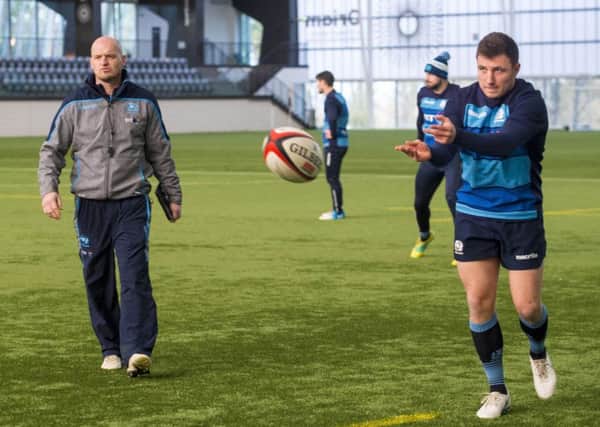 Duncan Weir, right, with 
Scotland head coach Gregor Townsend at Oriam on Monday. Picture: SNS