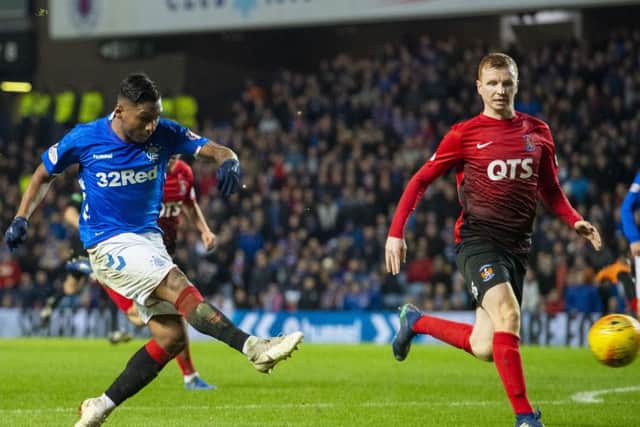 Alfredo Morelos thumps home his hat-trick strike to make it 4-0 to Rangers on a night where the Colombian was unstoppable. Picture: SNS
