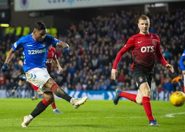 Alfredo Morelos thumps home his hat-trick strike to make it 4-0 to Rangers on a night where the Colombian was unstoppable. Picture: SNS