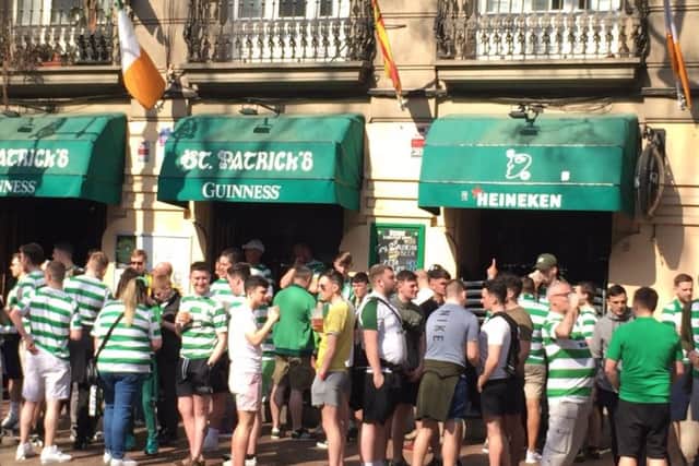 Celtic fans outside St Patrick's bar in Valencia where police are alleged to have attacked supporters with batons, riot shields and rubber bullet. Picture: PA