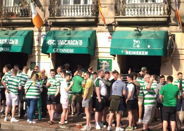 Celtic fans outside St Patrick's bar in Valencia where police are alleged to have attacked supporters with batons, riot shields and rubber bullet. Picture: PA