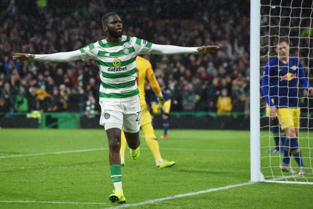 Celtic's Odsonne Edouard celebrates after scoring the winning goal against RB Leipzig. Picture: SNS