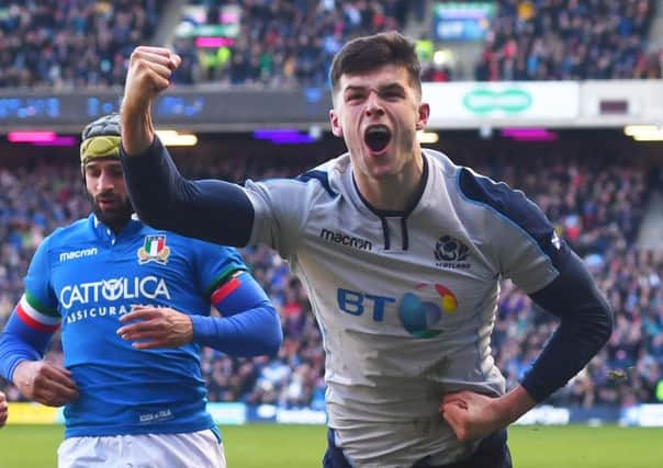 Scotland's Blair Kinghorn celebrates his first try against Italy. Picture: Gary Hutchison/SNS/SRU