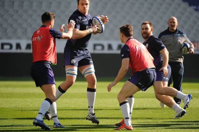 Jonny Gray in possession as the Scotland squad are put through their paces at Stade de France. Picture: David Gibson/Fotosport/REX/Shutterstock