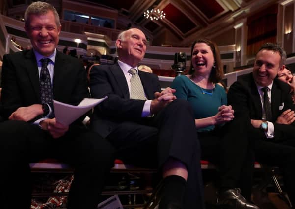 Liberal Democrat leader Vince Cable (centre) alongside Scottish leader Willie Rennie (far left) and Jo Swinson deputy leader of the Liberal Democrats at the Scottish Liberal Democrat conference at Hamilton Town Hall. Picture: PA