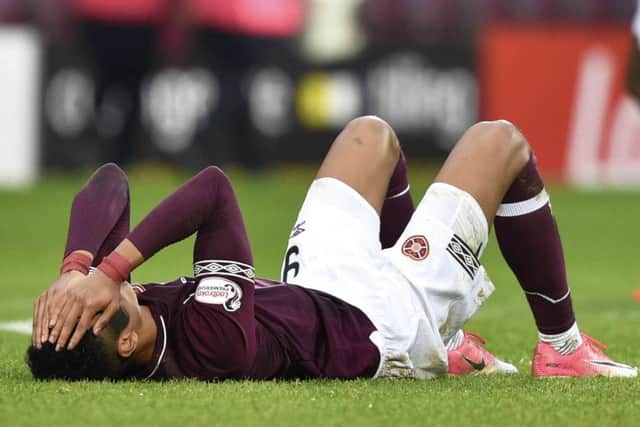 Hearts' Sean Clare was dejected at full-time. Pic: SNS/Rob Casey