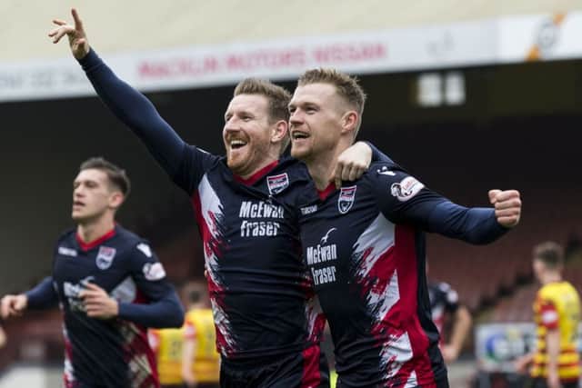 Ross County's Billy McKay celebrates his late goal with Michael Gardyne. Pic: SNS/Bruce White