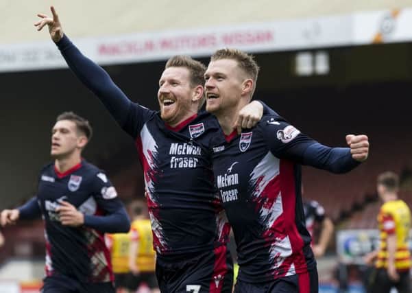 Ross County's Billy McKay celebrates his late goal with Michael Gardyne. Pic: SNS/Bruce White