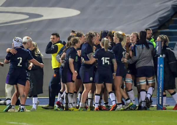 Scotland celebrate Rhona Lloyd's try against France. Picture: Philippe Huguen/AFP/Getty Images