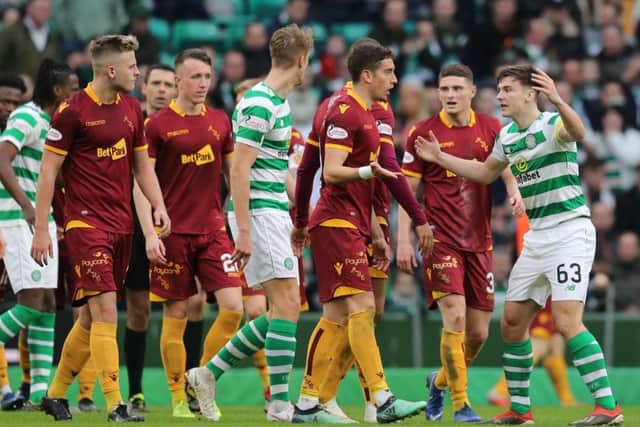 Kieran Tierney remonstrates with Motherwell's players after the away side scored in the 4-1 defeat at Celtic Park. Picture: PA