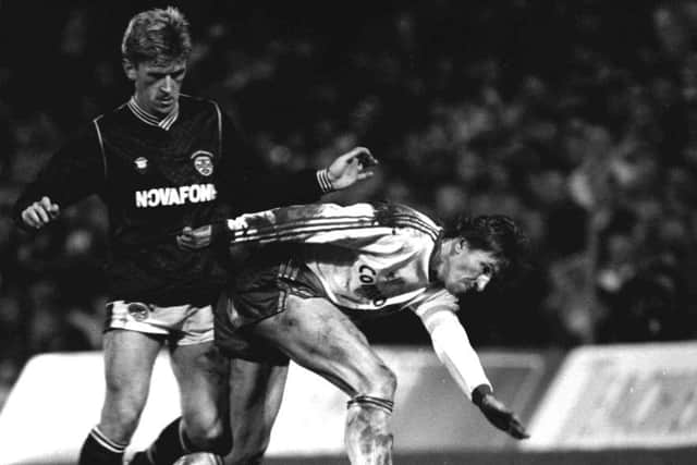 Iain Ferguson (left) tussles with Bayern Munich's Klaus Augenthaler during the Uefa Cup quarter-final first leg at Tynecastle in February 1989.