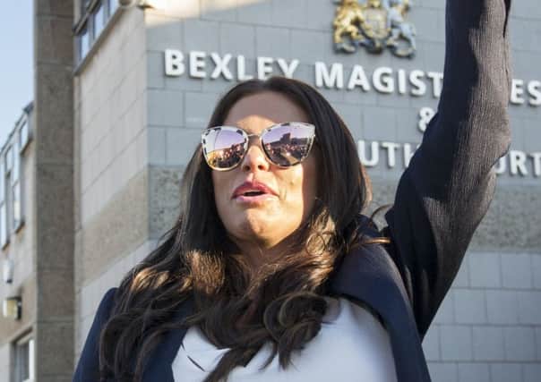 Katie Price outside Bexley Magistrates' Court following her drink driving trial where she was banned from driving for three months. Picture: Rick Findler/PA Wire