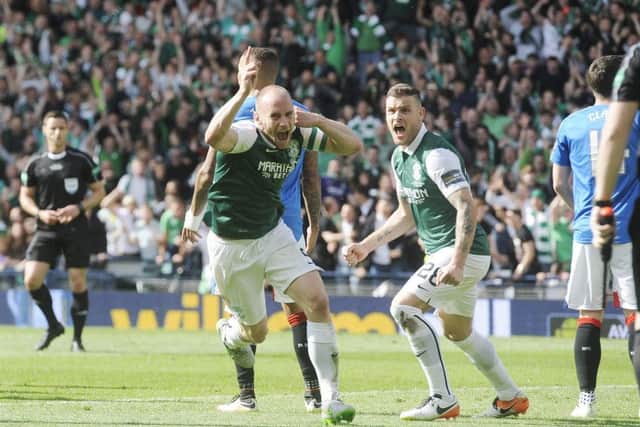 Hibs captain David Gray turns away in delight after scoring the dramatic late goal against Rangers which won the Scottish Cup three years ago. Picture: Greg Macvean