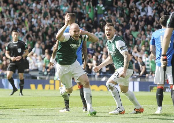 Hibs captain David Gray turns away in delight after scoring the dramatic late goal against Rangers which won the Scottish Cup three years ago. Picture: Greg Macvean