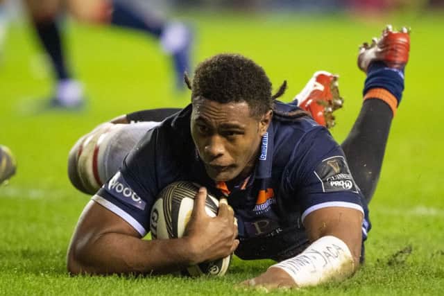 Viliame Mata in try-scoring form for 
Edinburgh aganst Cardiff. Picture: Bill Murray/SNS