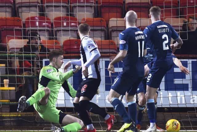 Bruce Anderson scores from close range to put Dunfermline 1-0 up. Picture: SNS