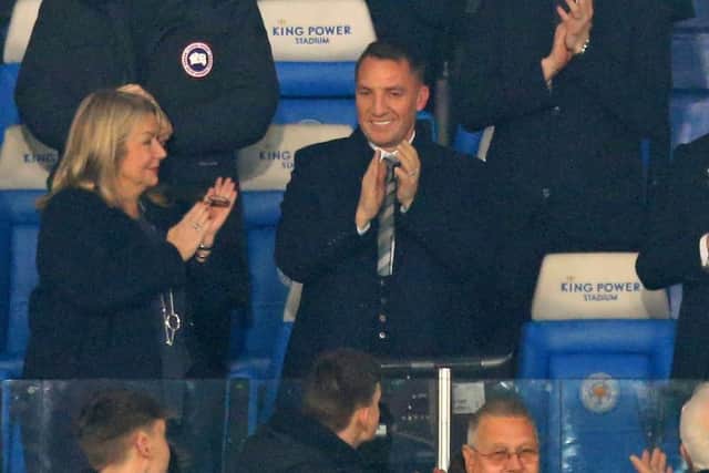 Brendan Rodgers is welcomed by Leicester City supporters ahead of the English Premier League clash with Brighton. Picture: AFP/Getty