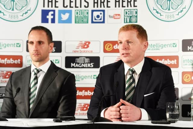 Neil Lennon is unveiled as Celtic manager, alongside assistant John Kennedy. Picture: SNS