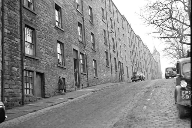Tenements at Brown Street where tenants had been ordered to quit.  Kirk o' Field Church at top of street.