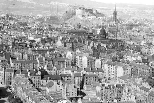 View of Edinburgh from Salisbury Crags looking over the tenements of the Pleasance by now mostly demolished.