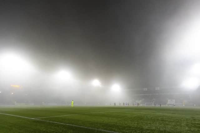 Rugby Park is shrouded in fog, leading to the game being abandoned. Picture: SNS Group