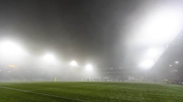 Rugby Park is shrouded in fog, leading to the game being abandoned. Picture: SNS Group